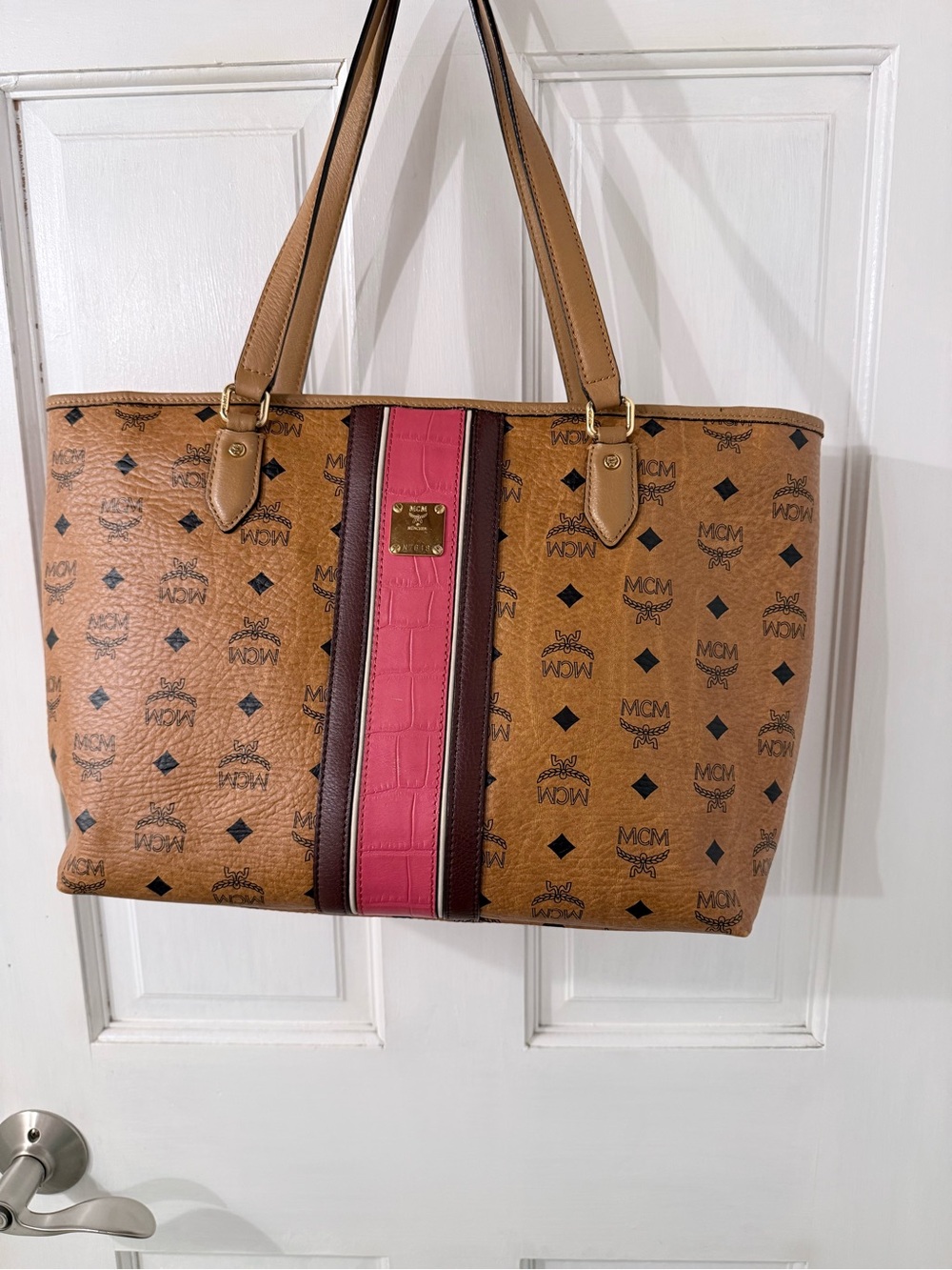 MCM Cognac Visetos Tote with Pink Accent